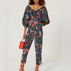 Farm Rio Tropical Birds Jumpsuit Size S Boho Puff Sleeve Resort Brunch Cotton